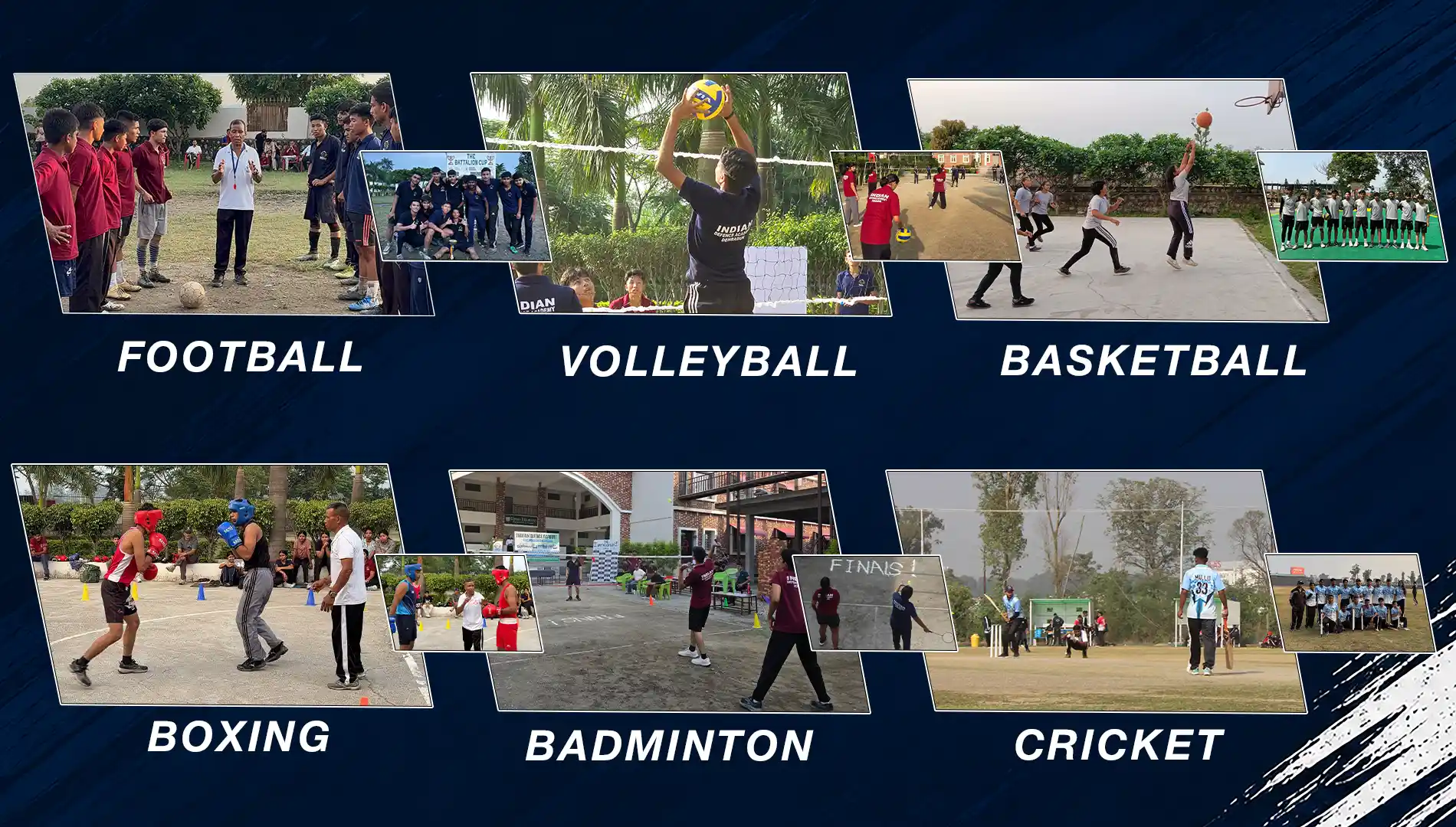 Best NDA coaching in India 44 Collage of sports activities at Indian Defence Academy including football, boxing, cricket, and basketball.